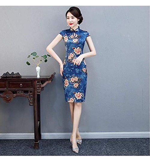 HINGT Robe de soirée de Style Chinois Sexy pour Femmes à Manches Courtes Grande Taille 4XL Cheongsam élégante Robe Cheongsam Femme