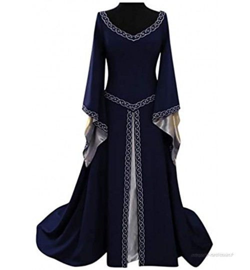 Wolfleague Femmes Robe Medievale Victorienne Reine Costume Col V Manches Flares Robe Vintage Adulte Flare Manches Deguisement