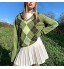 Y2K Pull en tricot à motif losanges avec col en V et manches longues pour femme Vert L