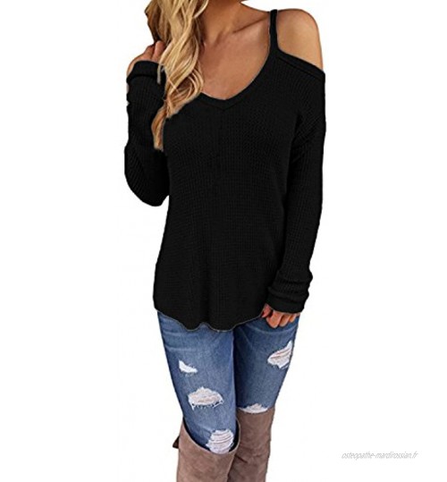 CNFIO Pull Femme Sexy Pull Tricoté Epaule Denudee Sweaters Manches Longues Haut Femmes Chic Pullover Col V Chemise Grand Taille