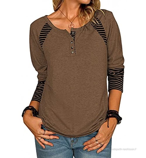 XOXSION Haut pour femme Mode lâche Manches longues Imprimé rayé Chemise boutonnée T-shirt décontracté Tops à manches longues Pullover basique décontracté