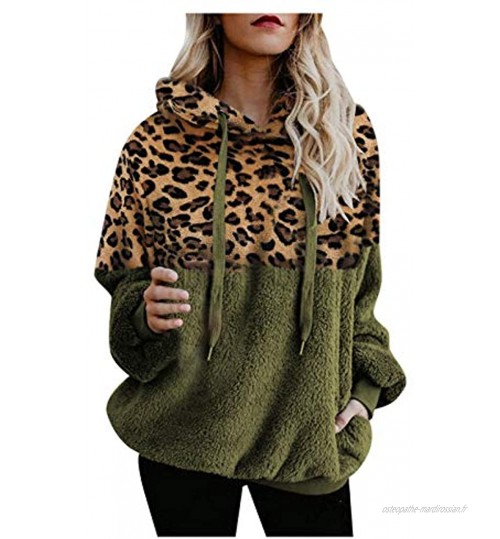 TWIOIOVE Sweat-shirt à capuche pour femme Grande taille Polaire Motif léopard Poche Veste en peluche Hiver Chaud En laine Avec cordon de serrage réglable