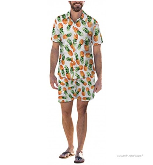 R-Cors Hommes Hawaïenne Chemise 2PC Set Homme Fleurs Casual Manche Courte Imprimé Funky Tops+Shorts Grande Taille Hawaii Tee Shirt Holiday Vacances Shirts
