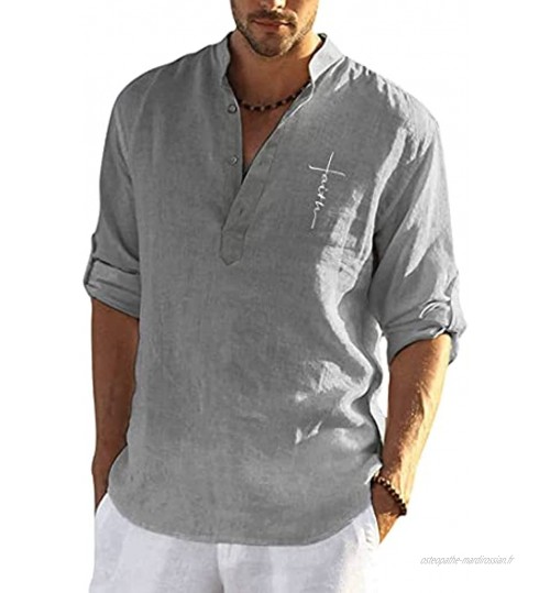 Homme Shirt Chemise à Manches Longues Chemise de Plage Classique en Lin et en Coton Boutonnée Coupe Ajustée pour Les Loisirs D’été Printemps Automne Casual
