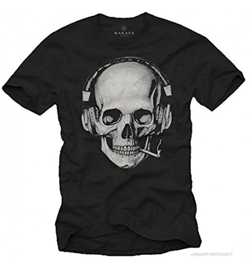 Tee Shirt Tete de Mort Homme Swag Musique Rock Skull avec Casque