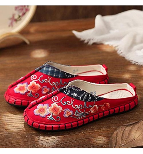 GaYouny Chaussures brodées Floral Femmes brodées Femmes Plats Espadrilles Pantoufles rétro Japonais Style Dames Proches de mulette d'été Color : Red Size : 37 EU