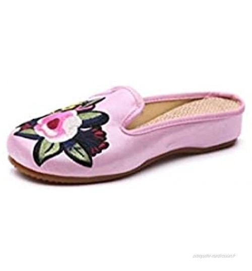 Lihcao Mules brodées Florales rétro à la Main Chaussures Femmes S Flannel Coton Plats mulhadles d'été Femmes de Broderie Confort Chaussures Color : Pink Size : 39 EU