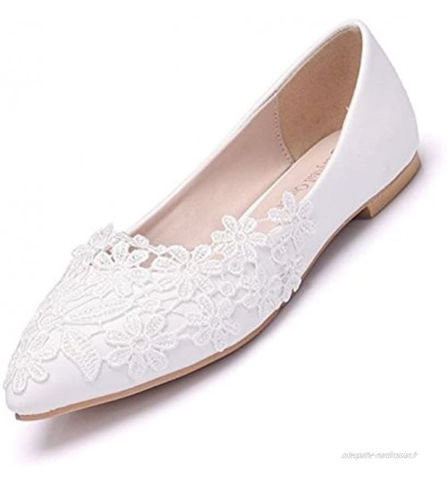 HMNS Shoes Femme Ballerines Chaussures De Mariage en Dentelle Blanche Bout Pointu Escarpins,Ballerines Plates pour Femmes Taille EU 35-42