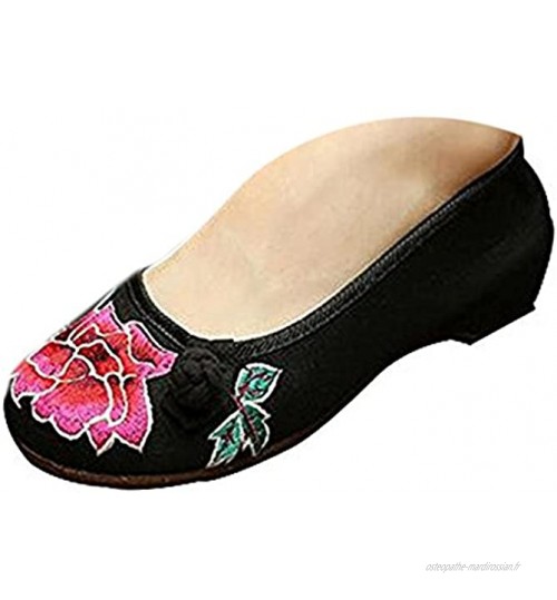 Kangzy Chaussures Florales Chinoises Brodées Vintage Femme MUDAN Ballerines Mary Jane Ballerine Flat Ballet Cotton Loafer Noir