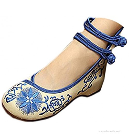 Kangzy Chaussures Florales Chinoises Brodées Vintage Femme TAIYANGHUA Ballerines Mary Jane Ballerine Flat Ballet Cotton Loafer Bleu