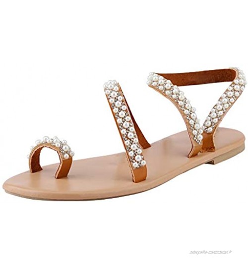 OverDose Sandales Sandales Plates Femme Ornées de Perles Été Bohème Tongs avec Boucle à L'orteil Mode Casual Chaussures de Plage
