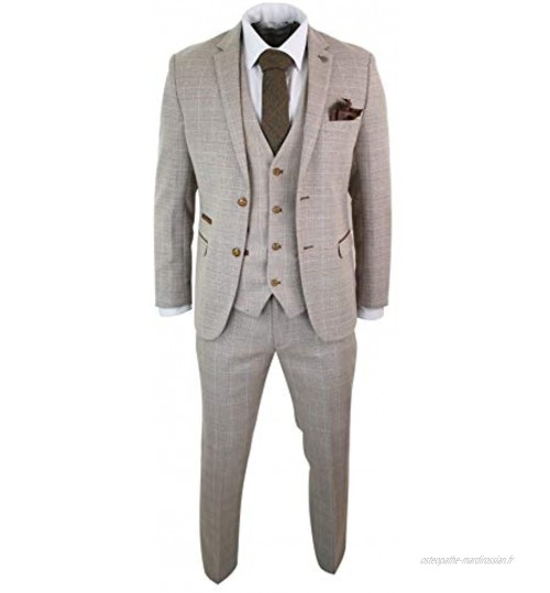 Costume Homme Carreaux Style Tweed Beige Marron 3 pièces Vintage rétro Classique Mariage soirée