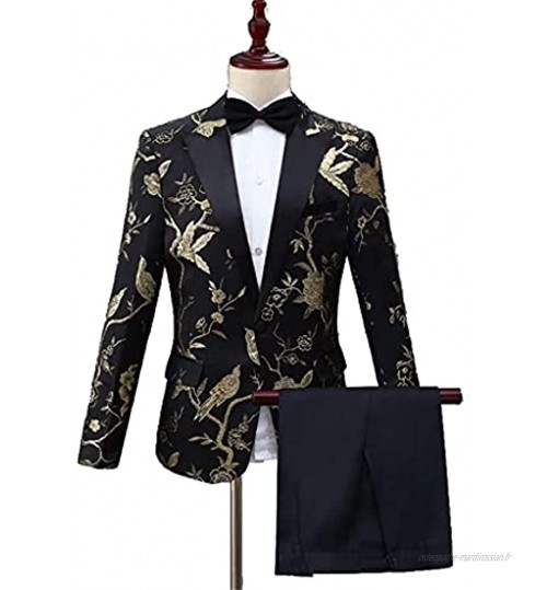 HBIN Design Hommes Élégante Broderie Royal Floral Motif Costune Scène Scène Mariage Mariage Costume Tuxedo Color : Black Size : XL code