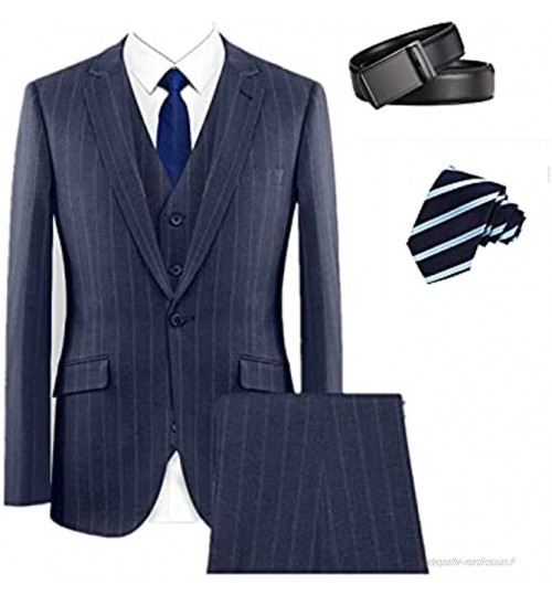 Homme 4 5 Pièces Slim Fit Suit Set One Button Slim Rayures Suits Blazer Tux Vest & Pantalon avec Cravate et Ceinture