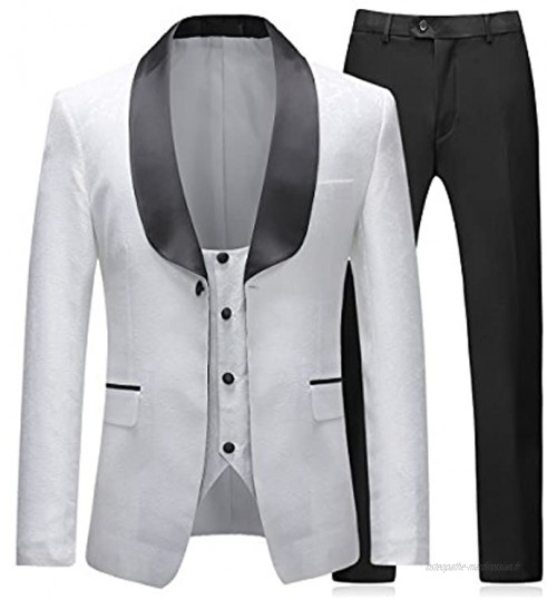 Sliktaa Costume Homme Blanc 3 Pièces Slim Fit Élégant Formel Mariage Business Bal Tuxedo Veste Gilet et Pantalons