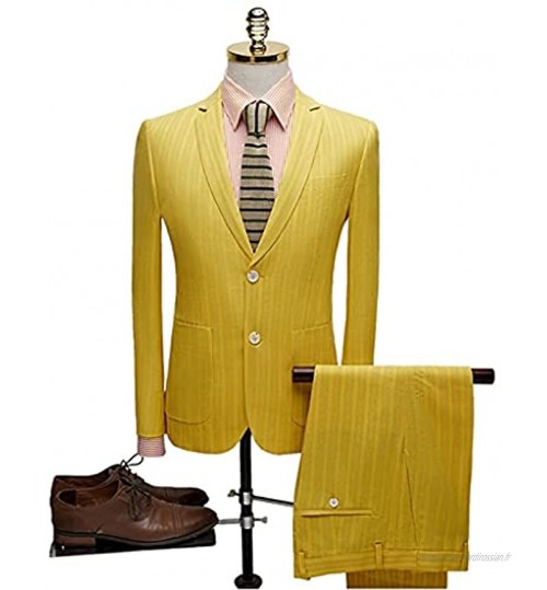 SSMDYLYM Hommes Costume Slim Ajustement Jaune Rayures 2 pièces Veste Pantalons Affaires Formelle Formelle Mariage Mariage Costumes Color : Yellow Size : L Code