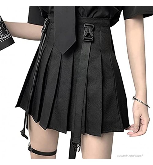 HAPPECA Femmes Noir Plissé Vêtement de Rue Gothique Haute Taille Mini Jupes Harajuku Grunge Sangle Jupe