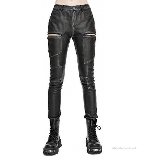 Devil Fashion Legging punk pour femme en cuir PU avec trous à fermeture éclair Noir