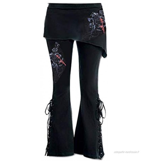 Pantalon Femme Gothique Legging Jupe Femme Stretch Taille Haute en Forme de Cloche Patte d'éléphant Motif de Fleurs Rouges Rose Sang Floral Gothique Sport Couleur Noire